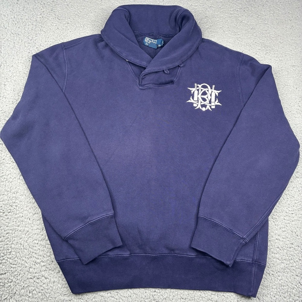 Vintage Polo Ralph Lauren Shawl Collar Sweatshirt Navy Nautical Men's Size Large